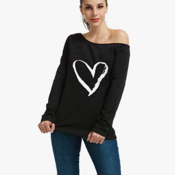 Woman’s Sweatershirt Lips Print Causal Blouse Off The Shoulder Long Sleeve Loose - Picture 2 of 5